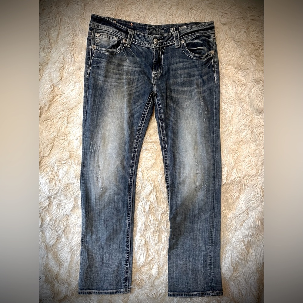 Miss Me. Size 34 gently used. Slight wear on hem. No stains. Smoke free home.